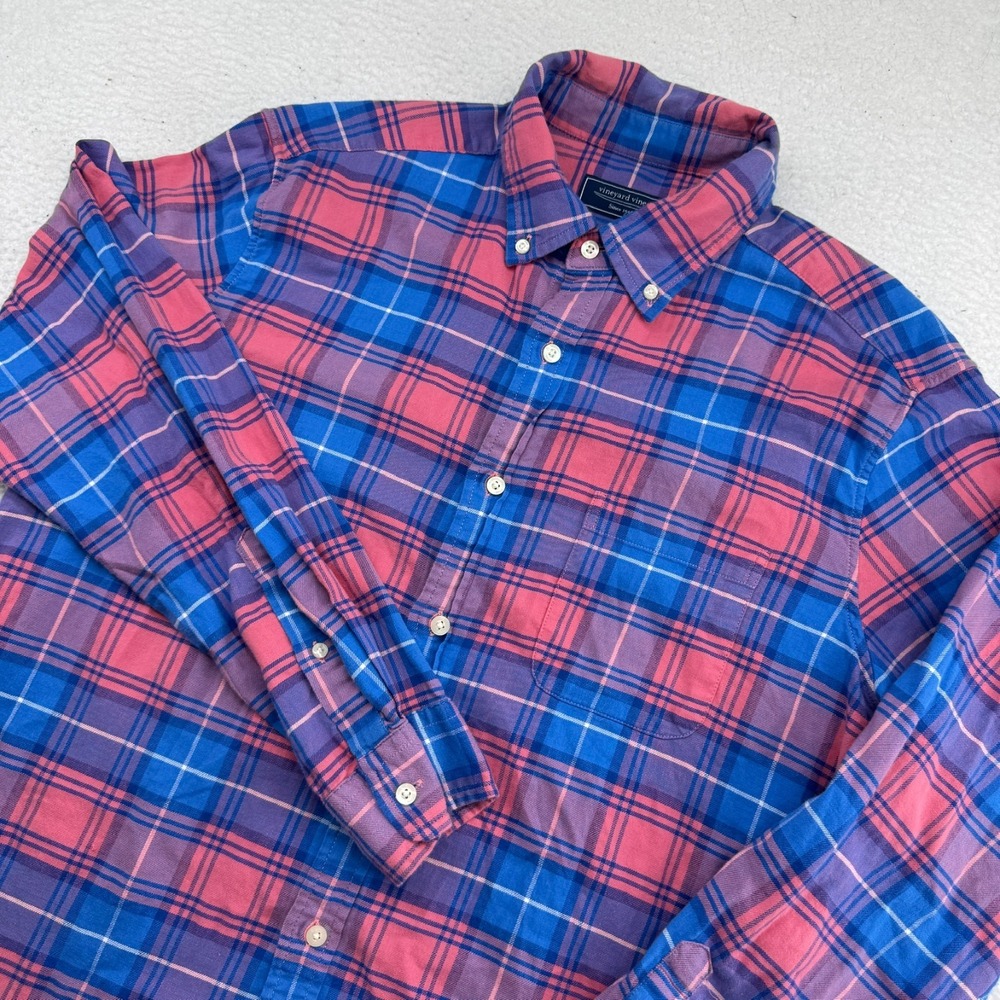 Vineyard Vines Linen Shirt Mens Large Blue Orange Plaid Long Sleeve Button Down